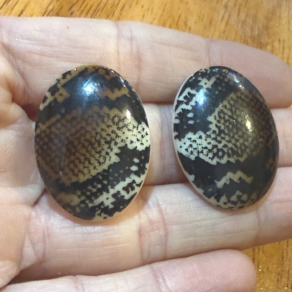 Vintage Snakeskin Print Oval Stud Earrings Brown Black Animal Print Cabochon